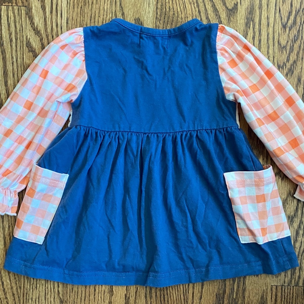 Blue with orange/white check sleeves football/turkey ruffle shirt, size 12-18 M - Picture 9 of 12
